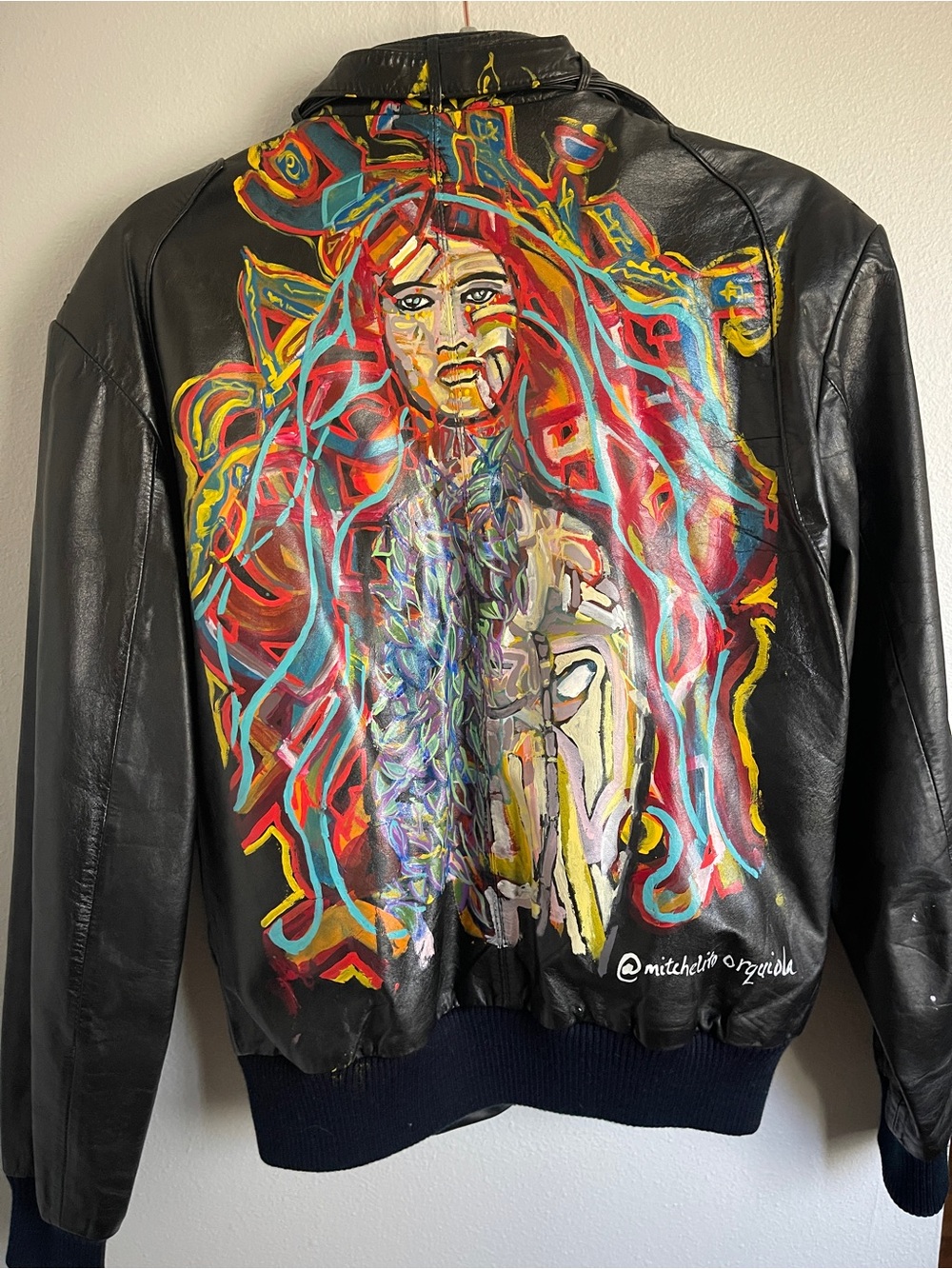 Members Only Black Leather Bomber Jacket CUSTOM PAINTED!